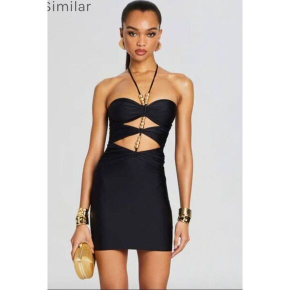 Shani Shemer Isabel Mini Dress, Black Spandex with Gold Bead Trim, NWT, Sz. M - Picture 1 of 10